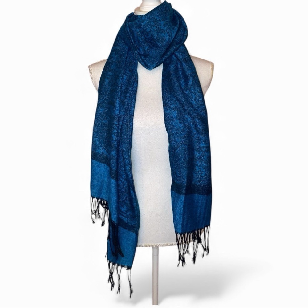 PASHMINA* Style Paisley Jacquard Patterned Scarf Wrap Shawl in TUR & BLK - Picture 5 of 8